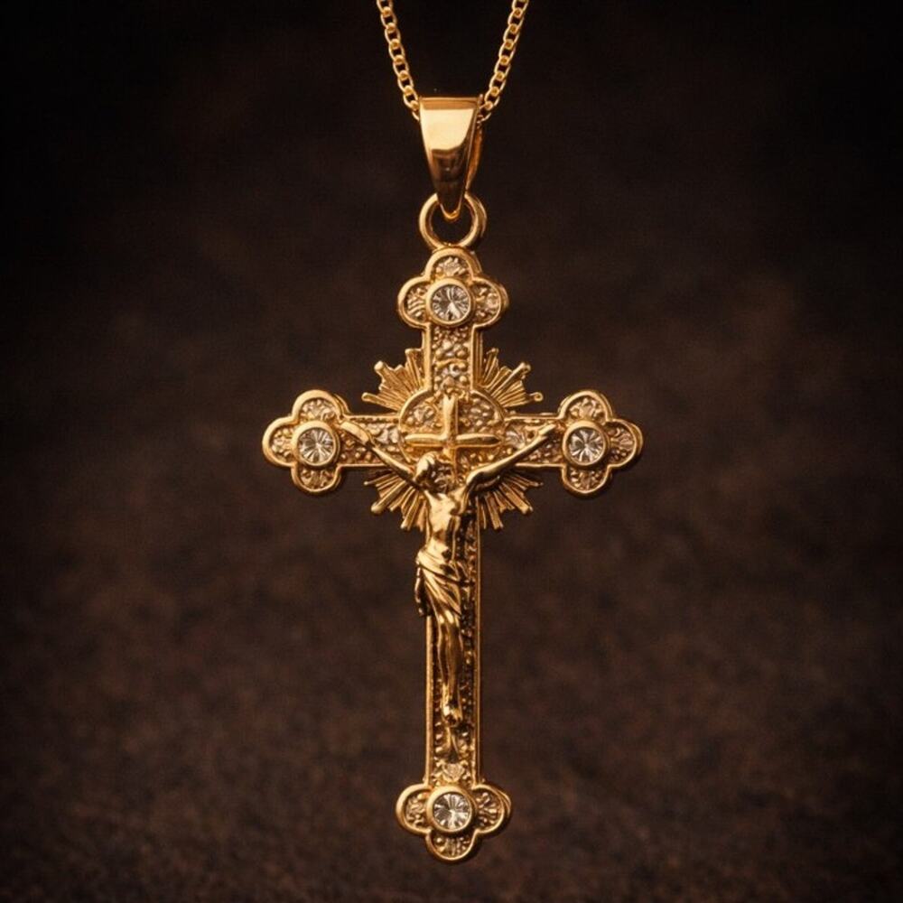 Traditional Catholic Christian Crucifix Necklace – Gold CZ Cross 1mm Box Chain